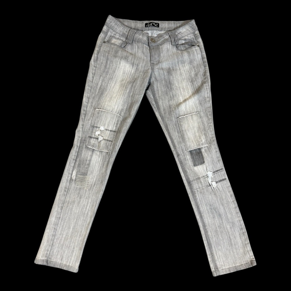 LEI Ashley Women's Juniors Size 7 Grey Low Rise Skinny Stretch Jeans Patches Y2K
